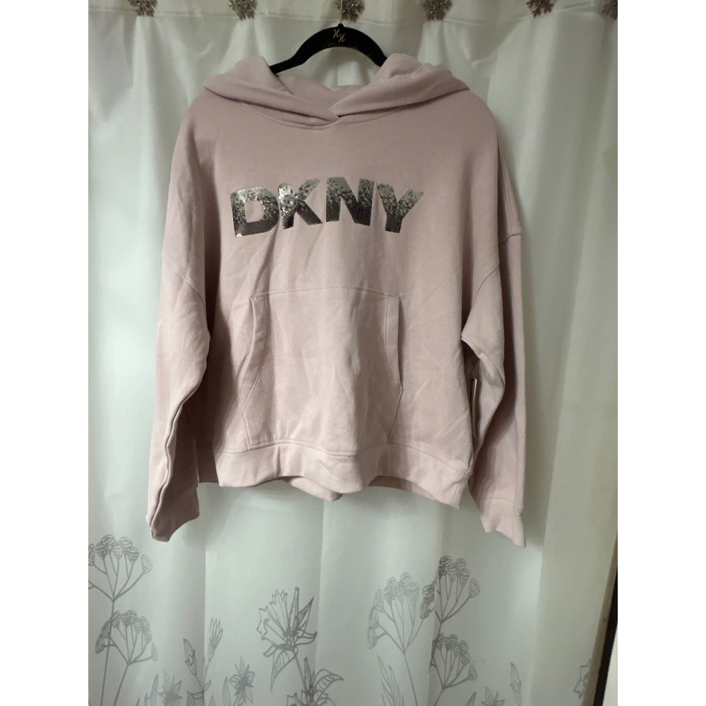 DKNY Sport Womens Sequin Logo Hoodie Pink‎ Mauve Pullover Sweatshirt XL NWT